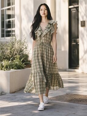 Grade & Gather Olive Plaid Ruffle Midi Dress | New With Tags S/M/L